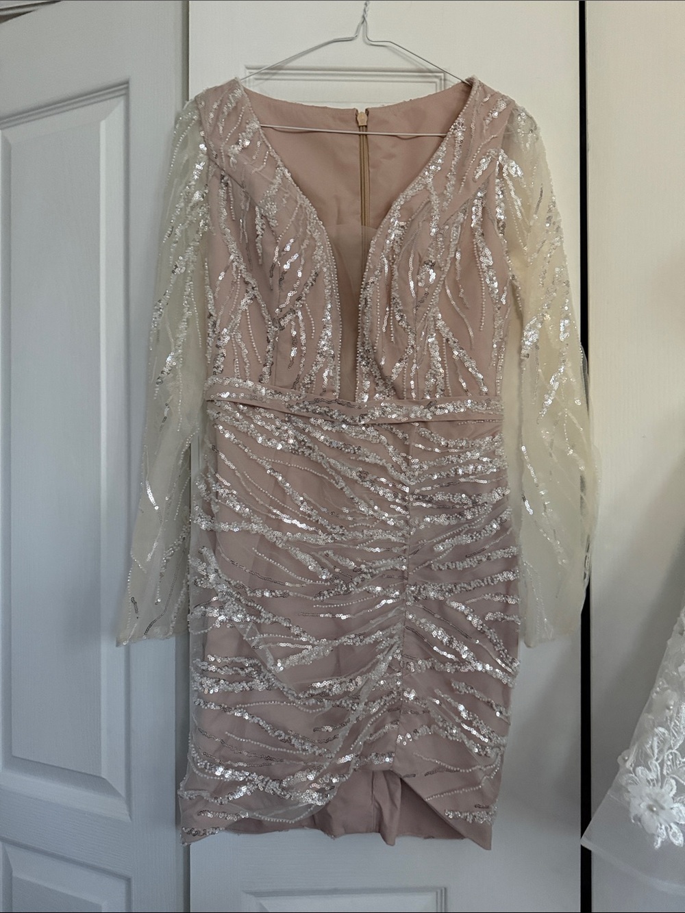 Elegant Blush Sequin Long-Sleeve V-Neck Dress